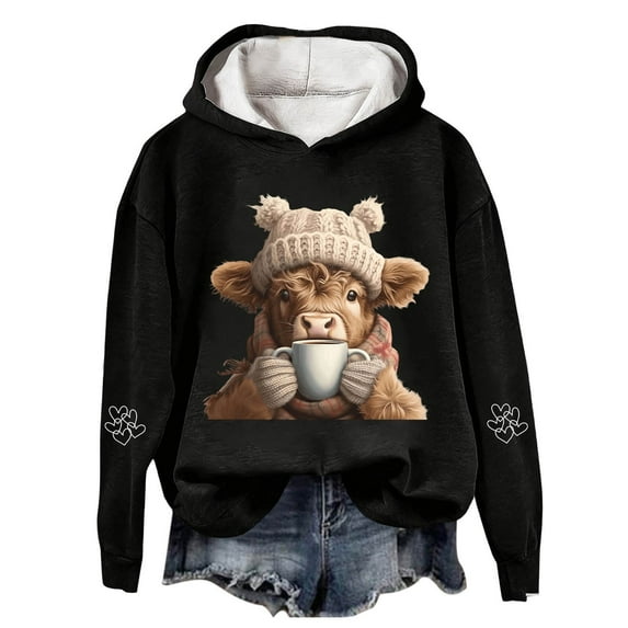 Telankuip Cute Highland Cow Drinking Coffee Graphic Womens Hoodies 2025 Christmas Long Sleeve Comfort Warm Sweatshirts Fall Winter Baggy Fun Print X-Mas Holiday Hooded Tops Black XL
