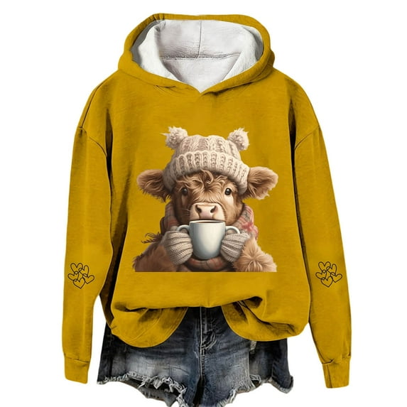 Telankuip Cute Highland Cow Drinking Coffee Graphic Womens Hoodies 2025 Christmas Long Sleeve Comfort Warm Sweatshirts Fall Winter Baggy Fun Print X-Mas Holiday Hooded Tops Yellow XL