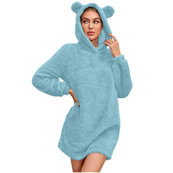 Telankuip Cute Sweatshirts Dress for Women Fuzzy Pullover Hoodies Casual Solid Color Comfortable Soft Warm Winter Pajamas Sleepwear Dresses Blue L