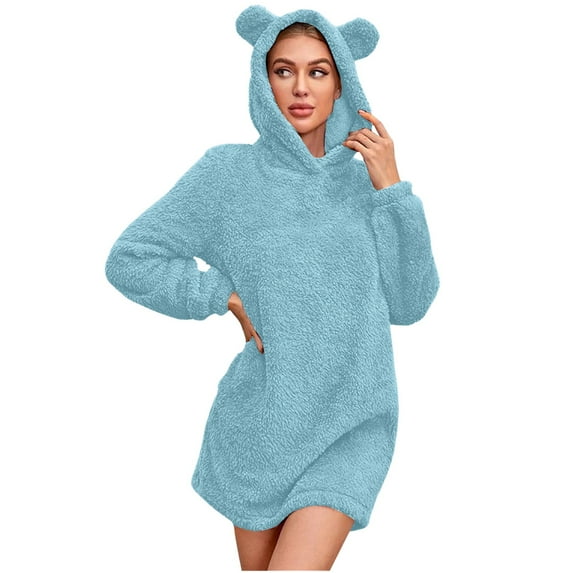 Telankuip Cute Sweatshirts Dress for Women Fuzzy Pullover Hoodies Casual Solid Color Comfortable Soft Warm Winter Pajamas Sleepwear Dresses Blue XL