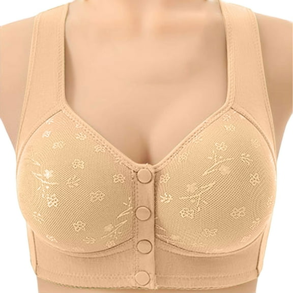 Telankuip Daisy Bras for Older Women Front Closure Comfy Convenient Push up No Underwire Senior Bralettes Thin Breathable Full Coverage Soft Snap Closing Lace Bras Light Yellow 50.00
