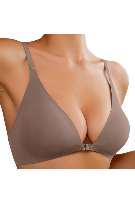 Deep V Front Hook Bras for Women Seamless Wireless T Shirt Bralettes Hides Back Beauty Back Smoothing Lightly Lined Soft Comfort Front Closure Bra Rose Gold XL
