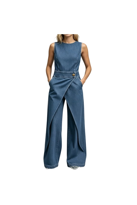 Denim Jumpsuit for Women Fashion Crew Neck Sleeveless Wide Leg Jean Overalls High Waist Loose Comfortable Spring and Summer Casual One Piece Romper with Pockets Blue S