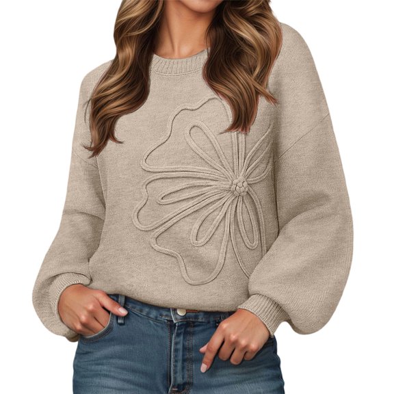 Telankuip Elegant Floral Knit Pullover Sweaters Crew Neck Lantern Sleeve Loose Cozy Sweaters 2025 Fall Winter Trendy Warm Long Sleeve Pullover Tops Khaki M