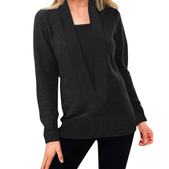 Telankuip Elegant Knit Solid Color Deep V-Neck Long Sleeve Sweaters Women's Featuring Faux Layered Design Long Sleeve Pullover for Everyday Wear Plus Size Casual Tops Black XXL