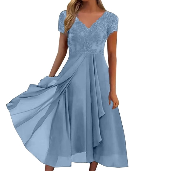 Telankuip Elegant Lace Mother of the Bride Dresses for Wedding V-Neck Short Sleeves Tea Length Chiffon Formal Evening Dress for Women Irregular Hem Flowy Midi Dresses Sky Blue M