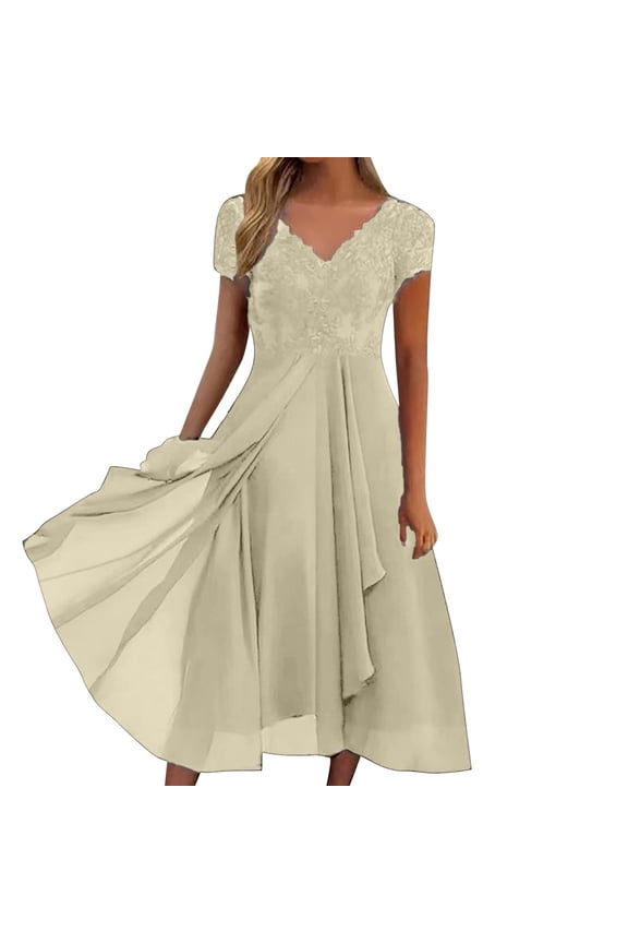 Elegant Lace Mother of the Bride Dresses for Wedding V-Neck Short Sleeves Tea Length Chiffon Formal Evening Dress for Women Irregular Hem Flowy Midi Dresses Beige S
