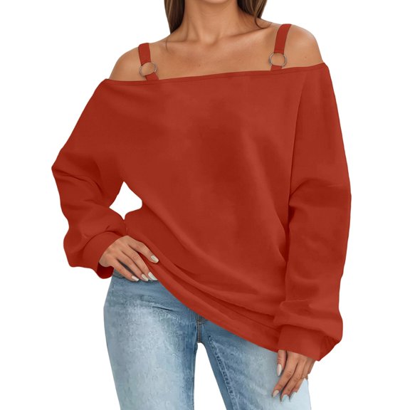 Telankuip Fall Women's off the Shoulder Long Sleeve T-Shirts Plus Size Loose Fit Casual Comfortable Tops 2025 Solid Color Simple and Stylish Going out Tops Red L