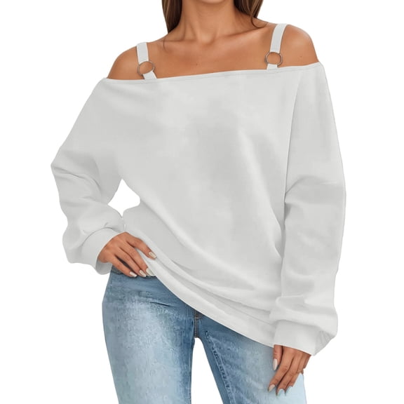 Telankuip Fall Women's off the Shoulder Long Sleeve T-Shirts Plus Size Loose Fit Casual Comfortable Tops 2025 Solid Color Simple and Stylish Going out Tops White XL