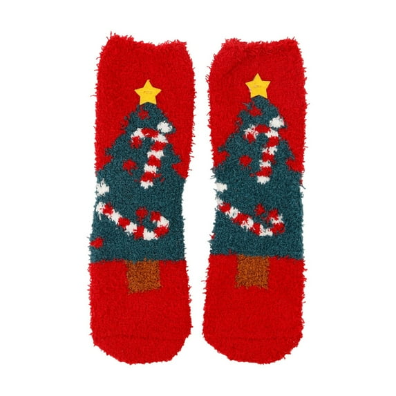 Telankuip Fleece Lined Medium Tube Socks for Women Fuzzy Cozy Soft House Mid-Calf Socks Cute Snowman Reindeer Santa Graphic Design Grippers Slipper Socks for Christmas Red4 One Size