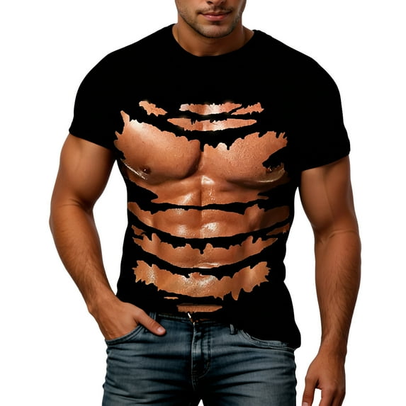 Telankuip Funny Muscles Fitness Model Chest Six Pack Abs Ripped T-Shirts for Men Crewneck Short Sleeve Plus Size Tees Fashion Tops for Daily Wear and Outdoor Activities Black XS