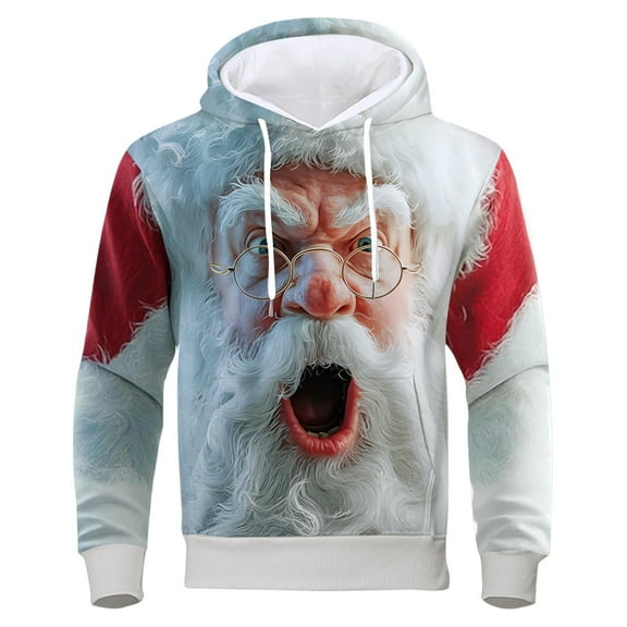 Telankuip Funny Santa Claus Face Graphic Sweatshirts for Men 2025 Christmas Funny Crewneck Long Sleeve 3D Printed Hoodies Xmas Holiday Hooded Tops with Pockets Red XL