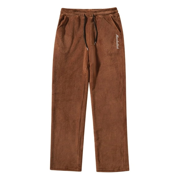 Telankuip Fuzzy Winter Warm Sweatpants for Men Casual Front Tie Elastic Waisted Drawstring Solid Color Minimalist Pants Soft Comfy Straight Leg Sports Trousers with Pockets Coffee S