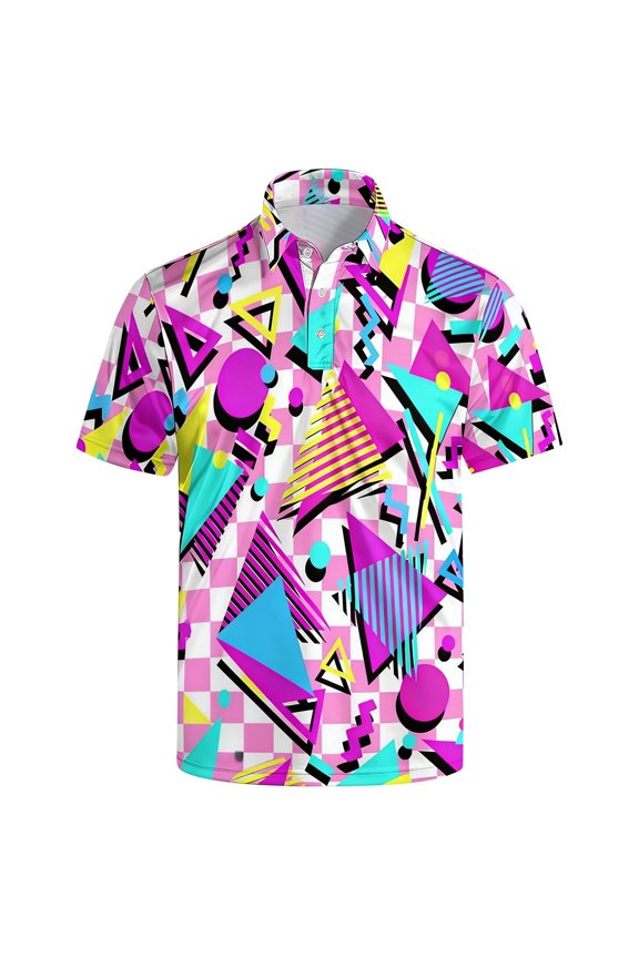Geometric Graphic Printing Polo Shirts for Men Summer Novelty Design Quarter Button Short Sleeve Polo Top Comfortable Breathable Fashion Daily Wear T Shirt Hot Pink S