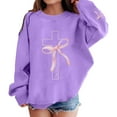thumbnail image 1 of Telankuip Girls Christian Sweatshirts Kids Cute Pink Bow Loose Crewneck Sweatshirt for Teens Aesthetic Cross Graphic Printed Long Sleeve Sports Casual Pullover Tops for Daily Wear Purple 110, 1 of 4