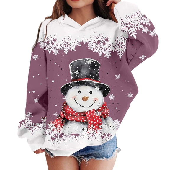 Telankuip Girls Christmas Hoodies Cute Snowmen and Snowflakes Graphic Hooded Sweatshirts Kid's Oversized Comfort Long Sleeve Xmas Printed Pullover Tops 2025 Fall Winter Purple 5-6 Years