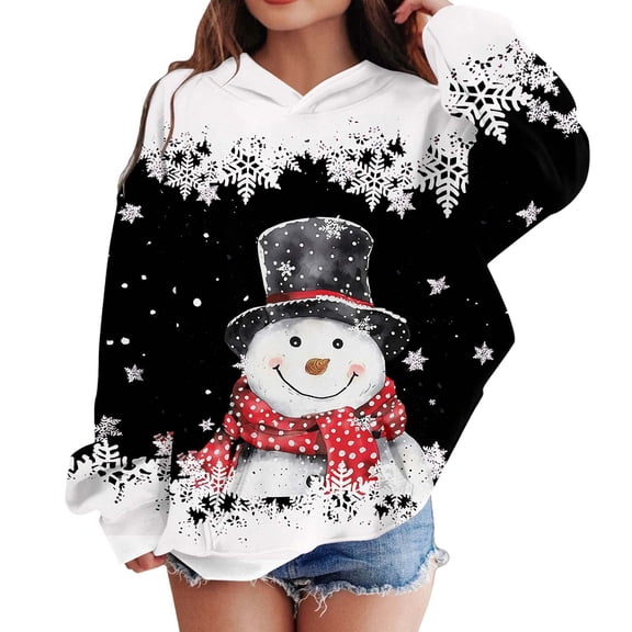 Telankuip Girls Christmas Hoodies Cute Snowmen and Snowflakes Graphic Hooded Sweatshirts Kid's Oversized Comfort Long Sleeve Xmas Printed Pullover Tops 2025 Fall Winter Black 10-11 Years