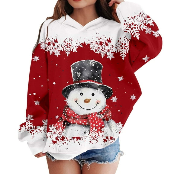 Telankuip Girls Christmas Hoodies Cute Snowmen and Snowflakes Graphic Hooded Sweatshirts Kid's Oversized Comfort Long Sleeve Xmas Printed Pullover Tops 2025 Fall Winter Red 2-3 Years