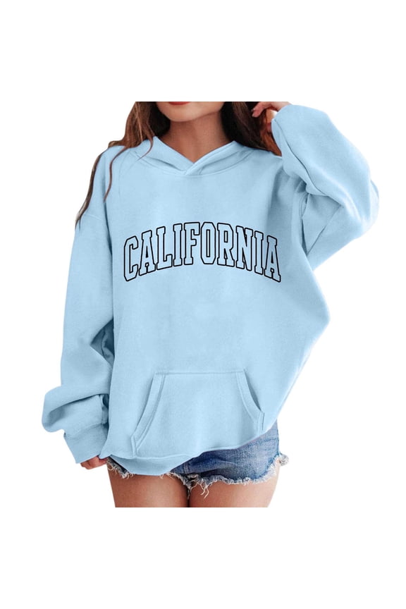 Girls Comfort Colors Hooded Sweatshirts Casual California Letter Printed Long Sleeve Hoodies for Child Comfort Loose Drawstring Preppy Workout Pullover Tops Sky Blue 7-8 Years