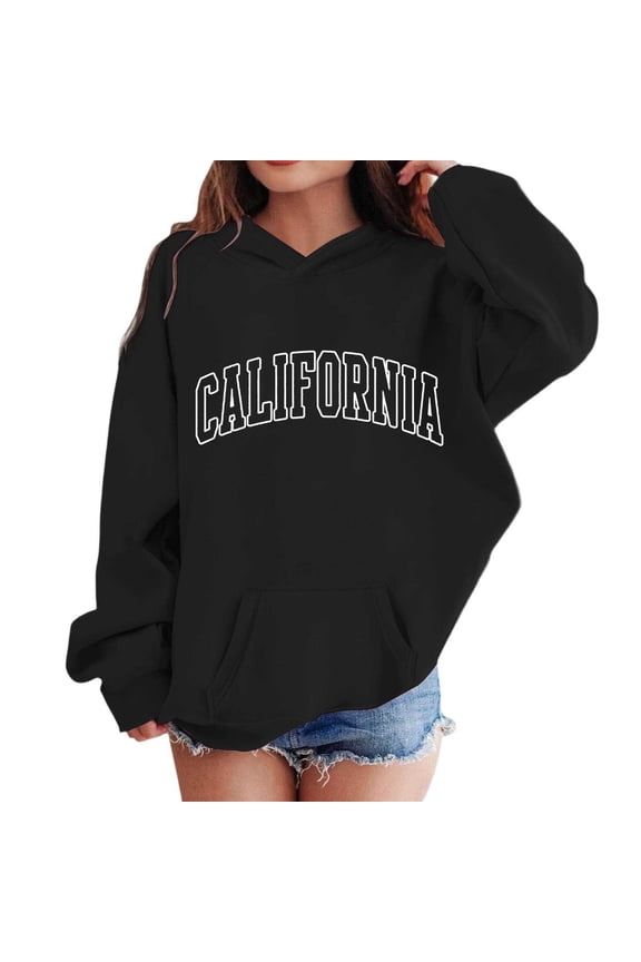 Girls Comfort Colors Hooded Sweatshirts Casual California Letter Printed Long Sleeve Hoodies for Child Comfort Loose Drawstring Preppy Workout Pullover Tops Black 9-10 Years