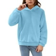 thumbnail image 1 of Telankuip Girls Fuzzy Pullover Hoodies Casual Sherpa Winter Cute Bear Ears Hooded Sweatshirts Soft Thick Warm Comfortable Plain Outwear Tops with Pockets Blue 6-7 Years, 1 of 7