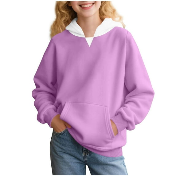 Telankuip Girls Hoodies Casual Long Sleeve Oversized Hooded Sweatshirts for Child Cute Color Block Relaxed Fit Comfort Fall Pullover Tops with Pocket 2025 Winter Clothes Purple 3-4 Years