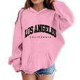 thumbnail image 1 of Telankuip Girls Oversized Hoodies Los Angeles California Letter Print Long Sleeve Hooded Sweatshirts Comfortable Casual Loose Soft Kid's Drawstring Pullover Tops with Pockets Pink 4-5 Years, 1 of 4