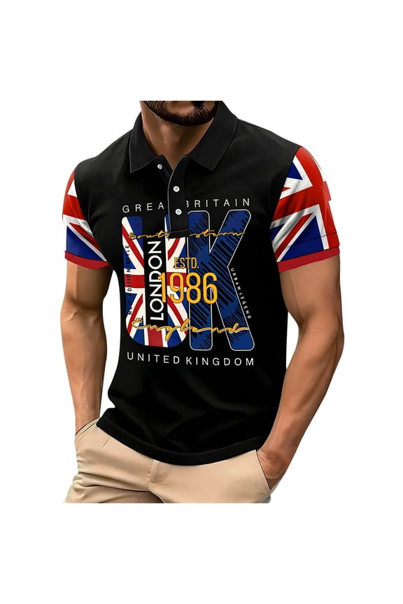 Great Britain UK London Polo Shirts for Men Summer Short Sleeve Novelty Graphic Tee 1986 Retro Slim Fit Breathable Comfort Button up Pullover Top Black XXXL