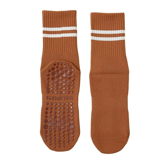 Telankuip Grippers Mid-Calf Socks for Women Yoga Socks with Sole Non Skid Bottom Classic Two Stripes Design Sticky Socks Comfy Breathable Workout Sock Brown One Size