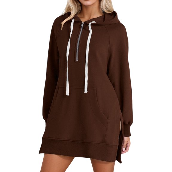 Telankuip Half Zipper Hoodies for Women Oversized Solid Color Loose Cute Drawstring Sweatshirts Pullover 2025 Fashion Long Sleeve Tops with Pocket Trendy Fall Winter Clothes 3-Brown XL
