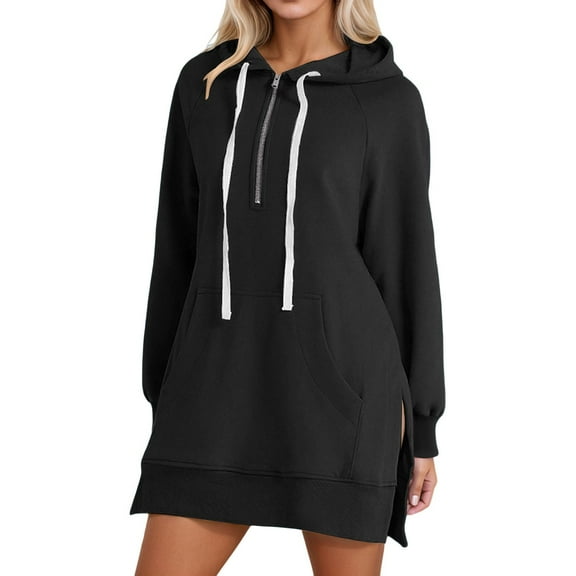 Telankuip Half Zipper Hoodies for Women Oversized Solid Color Loose Cute Drawstring Sweatshirts Pullover 2025 Fashion Long Sleeve Tops with Pocket Trendy Fall Winter Clothes 3-Black XL