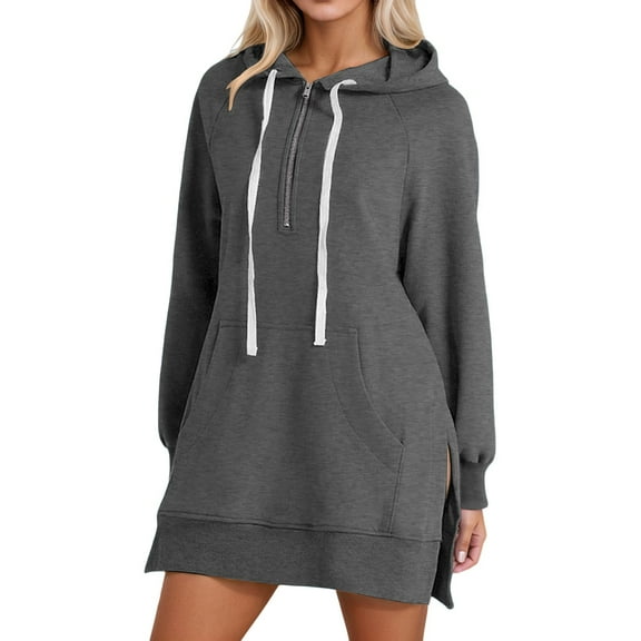 Telankuip Half Zipper Hoodies for Women Oversized Solid Color Loose Cute Drawstring Sweatshirts Pullover 2025 Fashion Long Sleeve Tops with Pocket Trendy Fall Winter Clothes 3-Dark Gray XXXL