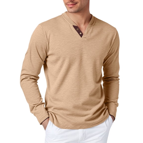 Telankuip Henley Shirts for Men Lightweight Soft Comfort Long Sleeve Fitted T-Shirts Casual Solid Color V-Neck Tee Shirts Slimming Pullovers for Daily Wear and Layering Khaki XL