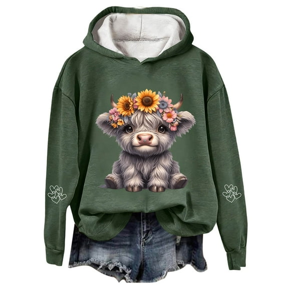 Telankuip Highland Cow Christmas Hoodies for Women Loose Loose Fit Long Sleeve Pullover Tops Fall Winter Soft Cozy Cute Holiday Western Print Hooded Sweatshirts Green M