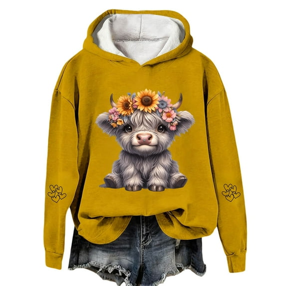 Telankuip Highland Cow Christmas Hoodies for Women Loose Loose Fit Long Sleeve Pullover Tops Fall Winter Soft Cozy Cute Holiday Western Print Hooded Sweatshirts Yellow XL