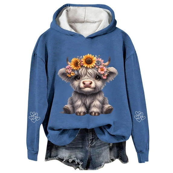 Telankuip Highland Cow Christmas Hoodies for Women Loose Loose Fit Long Sleeve Pullover Tops Fall Winter Soft Cozy Cute Holiday Western Print Hooded Sweatshirts Blue XL