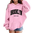 thumbnail image 1 of Telankuip Hoodies for Teen Girls Cute Brooklyn Graphic Letter Printed Hooded Sweatshirts 2025 Fall Winter Long Sleeve Relaxed Fit Leisure Sports Pullover Tops with Pocket Pink 3-4 Years, 1 of 4