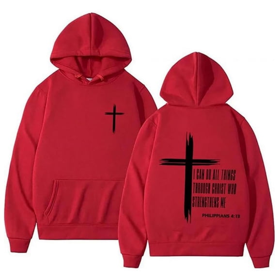 Telankuip I Can Do All Things Through Christ Hoodies for Men Christian Faith Printed Long Sleeve Drawstring Hooded Sweatshirts Who Strengthens Me Loose Comfy Pullover Tops with Pocket Red M