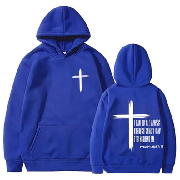 Telankuip I Can Do All Things Through Christ Hoodies for Men Christian Faith Printed Long Sleeve Drawstring Hooded Sweatshirts Who Strengthens Me Loose Comfy Pullover Tops with Pocket Blue XL