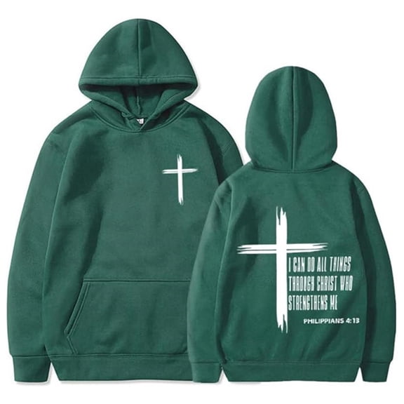 Telankuip I Can Do All Things Through Christ Hoodies for Men Christian Faith Printed Long Sleeve Drawstring Hooded Sweatshirts Who Strengthens Me Loose Comfy Pullover Tops with Pocket Army Green XL