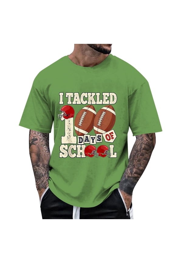 I Tackled 100 Days of School Short Sleeves Crewneck T-Shirts for Man Funny Graphic Loose Casual Tees Soft Comfortable Summer Preppy Top Green M