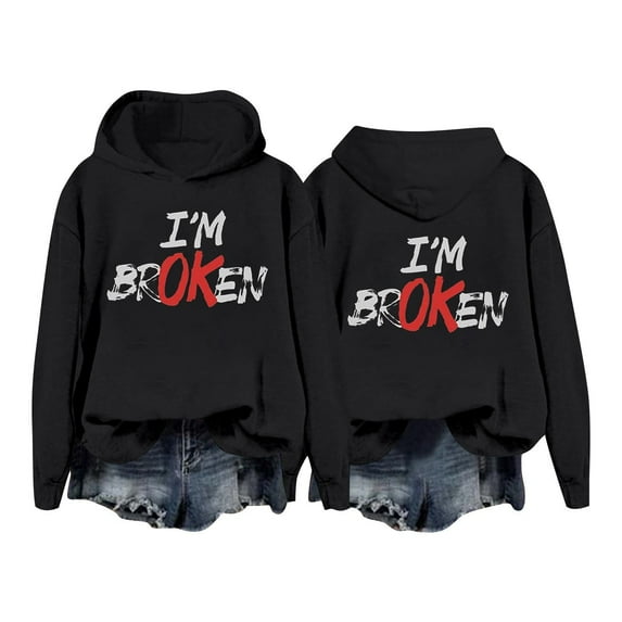 Telankuip Im Ok Broken Hoodies for Womens Fashion Letter Print Long Sleeve Hooded Sweatshirts Casual Comfortable Athletic Wear Pullover Top 2-Black XS