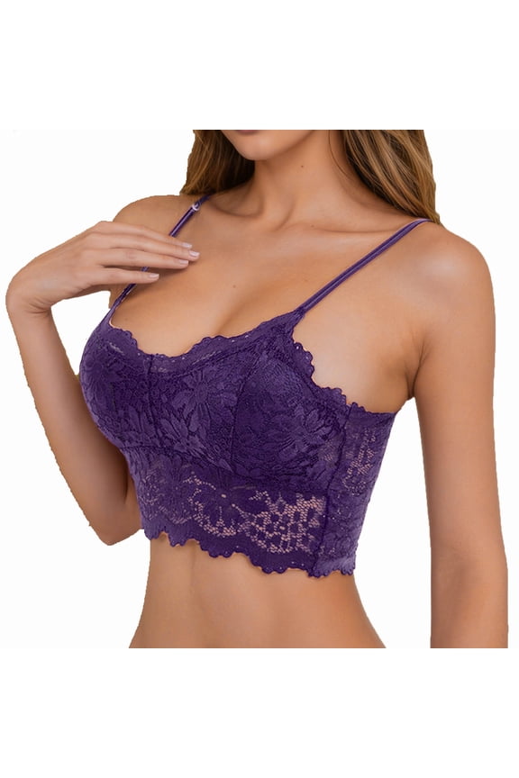 Lace Bralettes for Women Spaghetti Strap Wraparound Tank Tops Tube Slim Basic Camisole Floral Full Coverage Bandeau Bras Fashion Layer Exposure Crop Top Dark Purple S