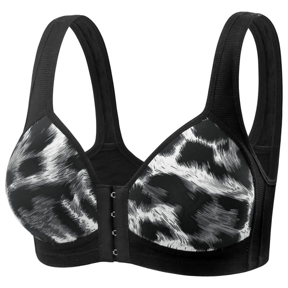 Telankuip Leopard Print Front Hook Bras for Women Soft Comfortable Thin Full Coverage Bralettes Lightweight Breathable Seamless Convenient Front Closure Bra Black XXL