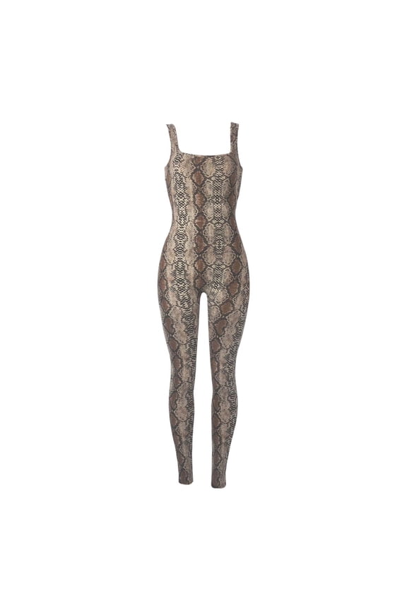 Leopard Print One Piece Jumpsuits for Women Square Neck Tank Sleeveless Stretch Bodycon Rompers Fashion Street Style Casual Slim Fitted Workout Full Overalls Light Yellow S