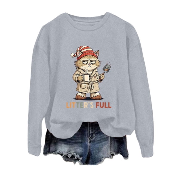 Telankuip Litter's Full Sweatshirts for Women Funny Leisure Merry Christmas Cute Cats Graphic Printed Pullovers Casual Crewneck Long Sleeve Plus Size Hoodless Top 2-Light Gray M