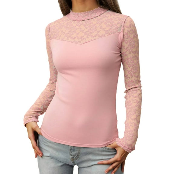 Telankuip Long Sleeve Lace Neck T Shirts for Women Casual Stretchy Solid Color Basic Tee Shirts 2025 Fashion Long Sleeve Thin Pullover Tops for Daily Wear Pink S