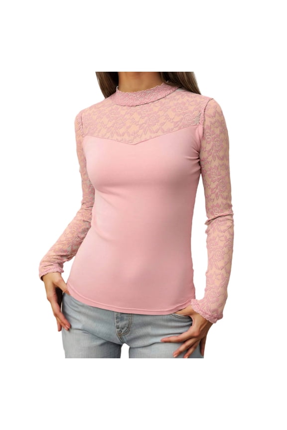 Long Sleeve Lace Neck T Shirts for Women Casual Stretchy Solid Color Basic Tee Shirts 2025 Fashion Long Sleeve Thin Pullover Tops for Daily Wear Pink S