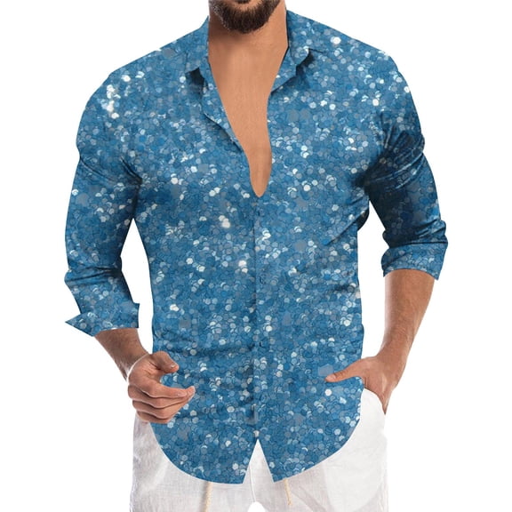 Telankuip Long Sleeve Shirts for Men Sequin Solid Color Lapel Button down Dress Shirt 70s Disco Fashion Sparkle Carnival Party Comfortable Tops for Festive Celebrations 2026 1-Sky Blue XXXL