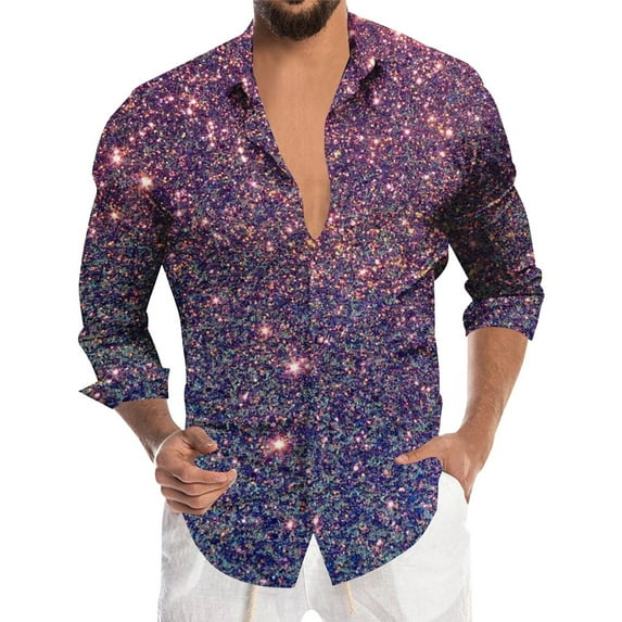 Telankuip Long Sleeve Shirts for Men Sequin Solid Color Lapel Button down Dress Shirt 70s Disco Fashion Sparkle Carnival Party Comfortable Tops for Festive Celebrations 2026 2-Dark Purple L